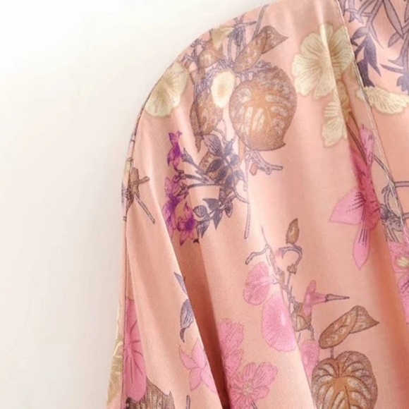 Boho Floral Tropical Print Belted Kimono Cover up - Picture 13 of 13